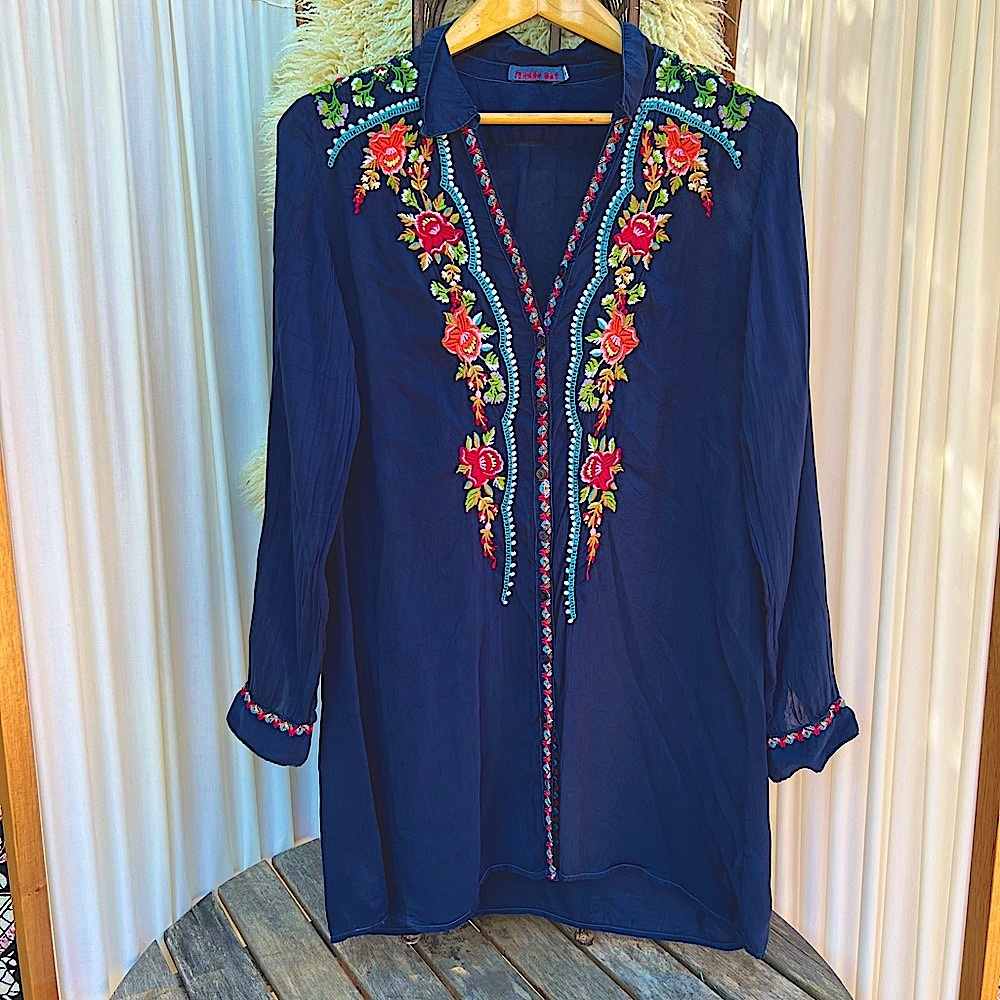 Jonny Was Button-Down Embroidered Tunic Shirt